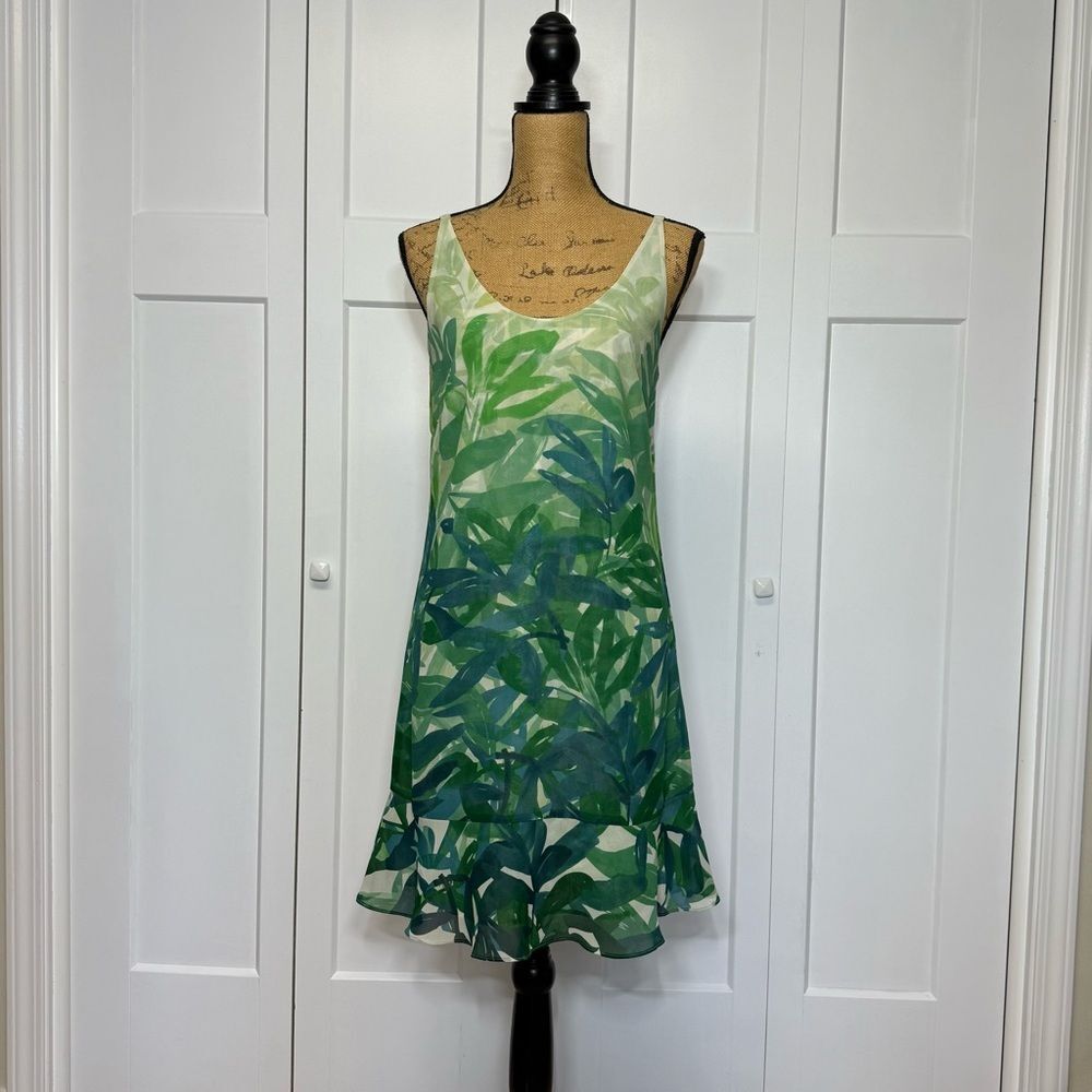🌿 Cabi Leaf Print Ruffle Hem Slip Dress - Size Small